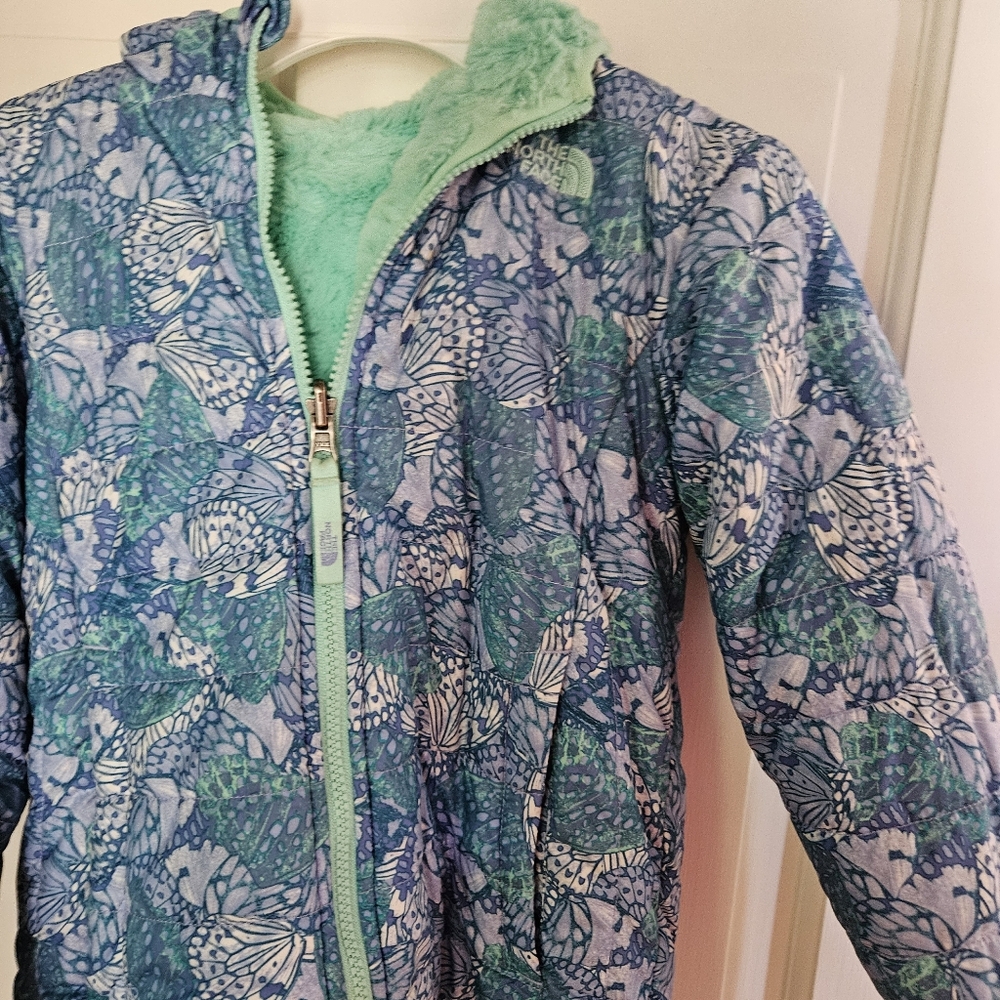 The North Face Kids Puffer Jacket - Blue and Green Butterfly Print